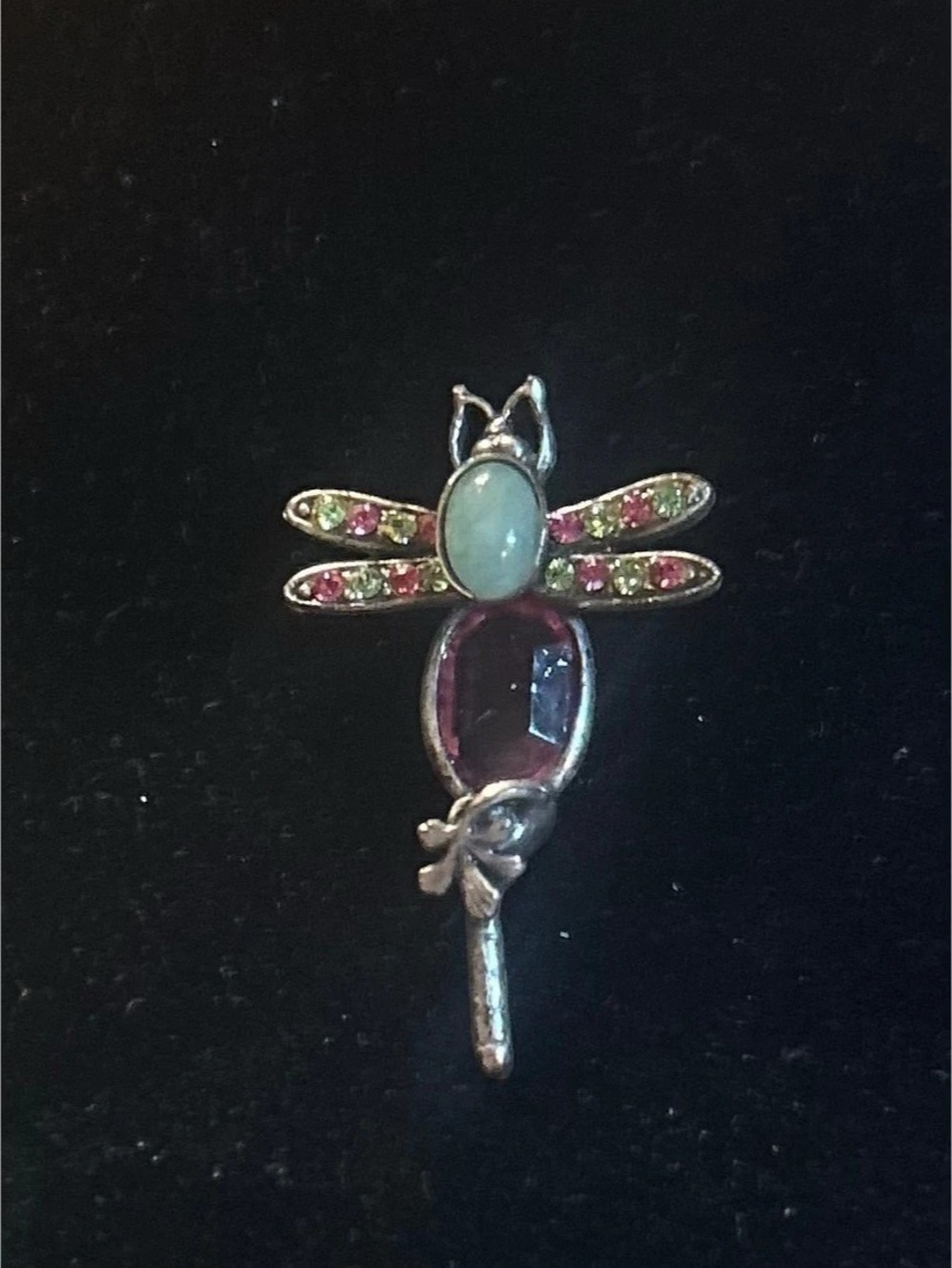 Vintage Dragonfly Pin Multicolor Rhinestones Green Stone/Pink Glass- Very Pretty